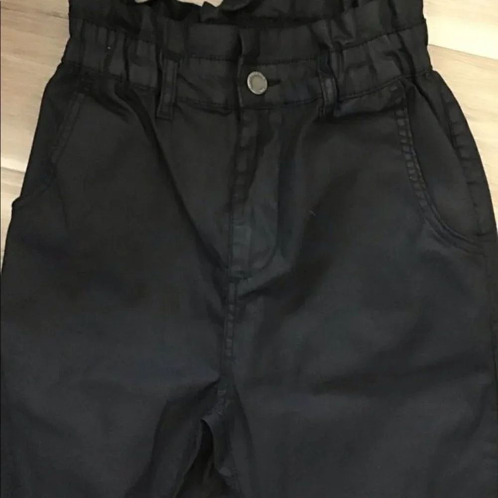 Zara Black Coated Baggy Paperbag Waist Pants 2